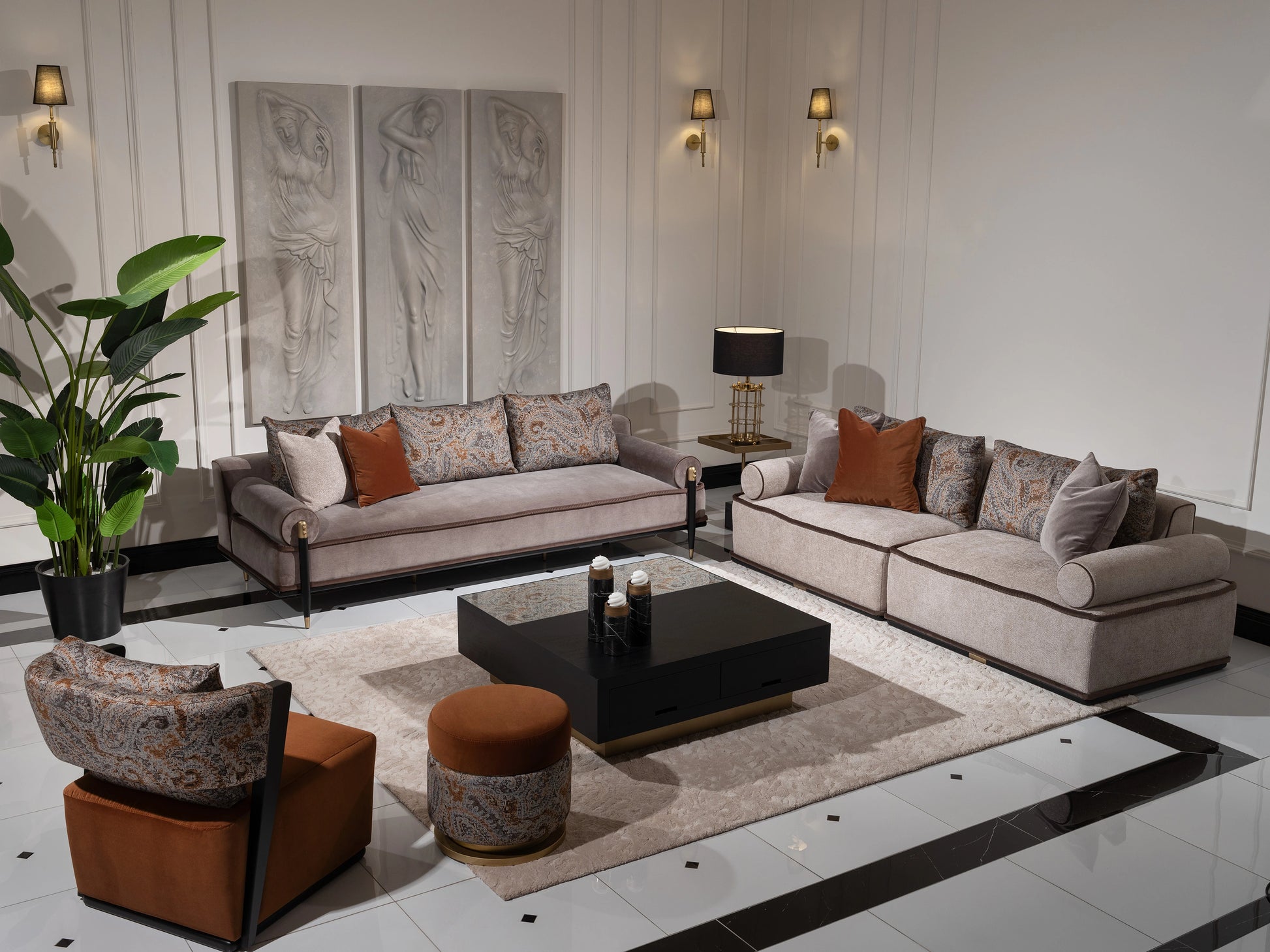 Puf seating in soft neutral upholstery