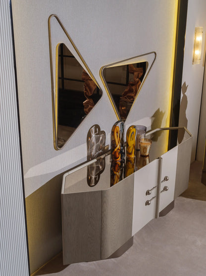 Modern beige sideboard under wall mirror