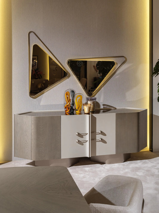 Full Ricamo collection featuring table, sideboard, and console in beige