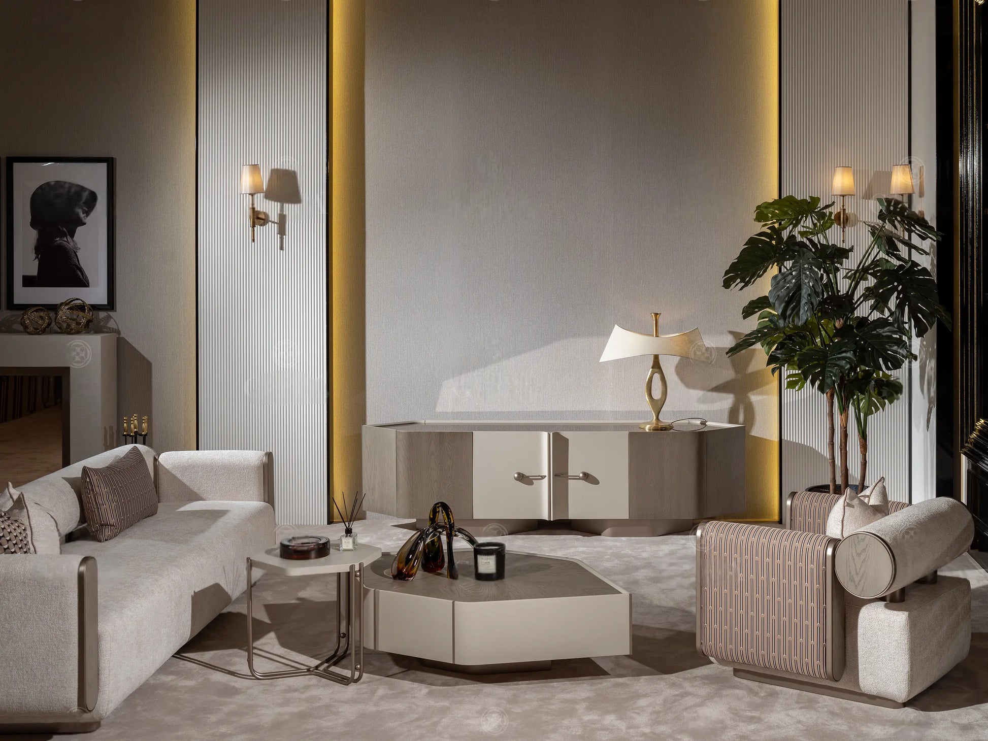 Styled living area with Ricamo wood coffee table