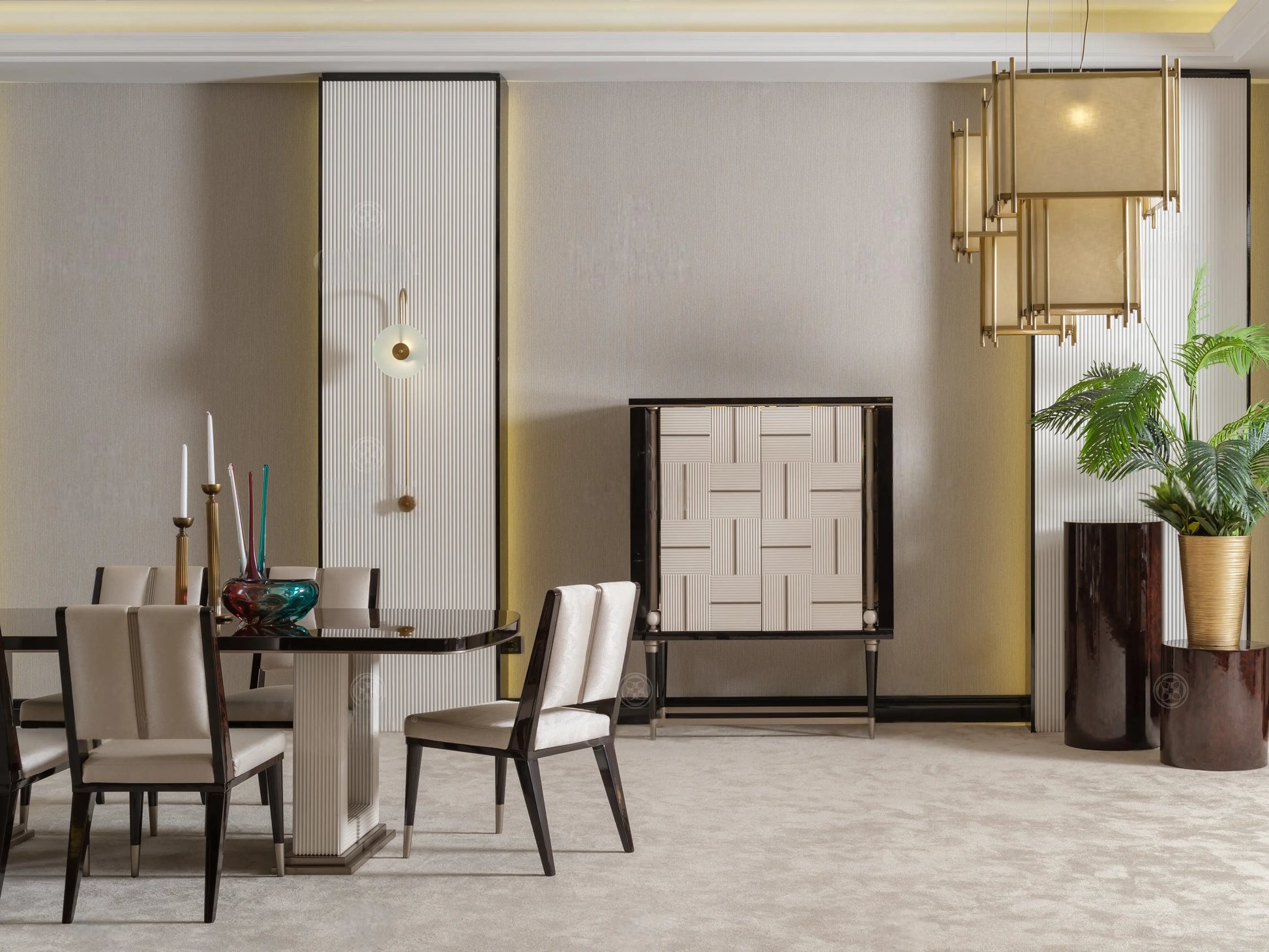 Senato cream dining set parcial view with Bar  arranged for dinner hosting