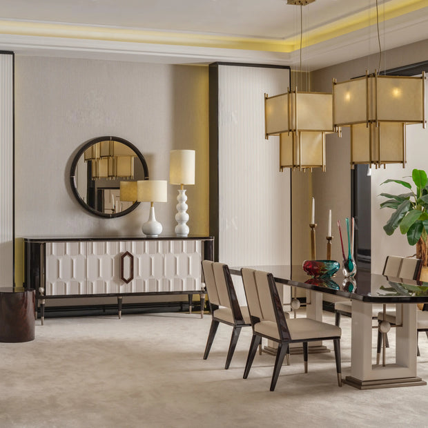 scenic view of table settings on Senato cream dining table ,six dining chairs and sideboard