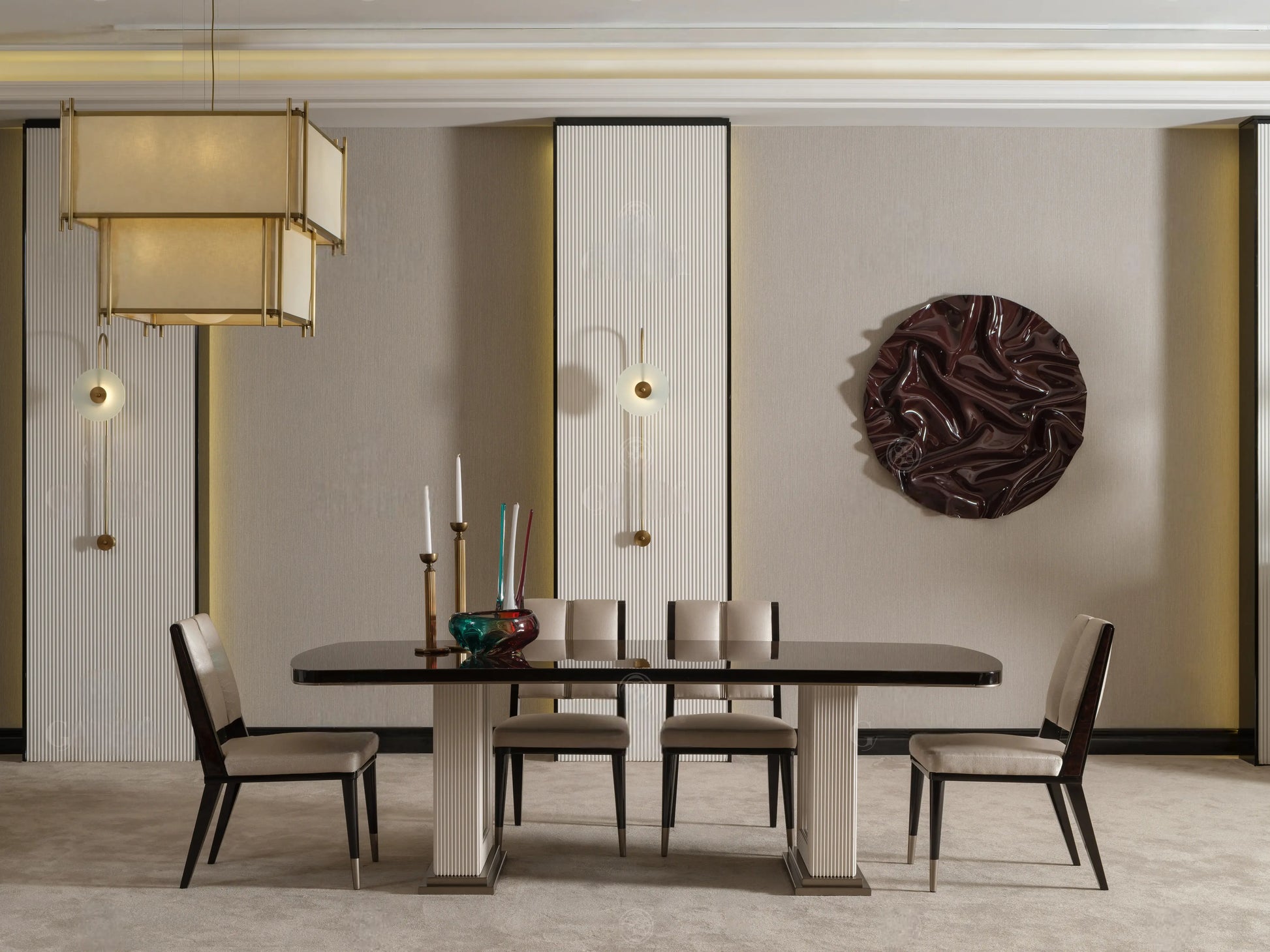 Side view of Senato cream dining table with glossy finish