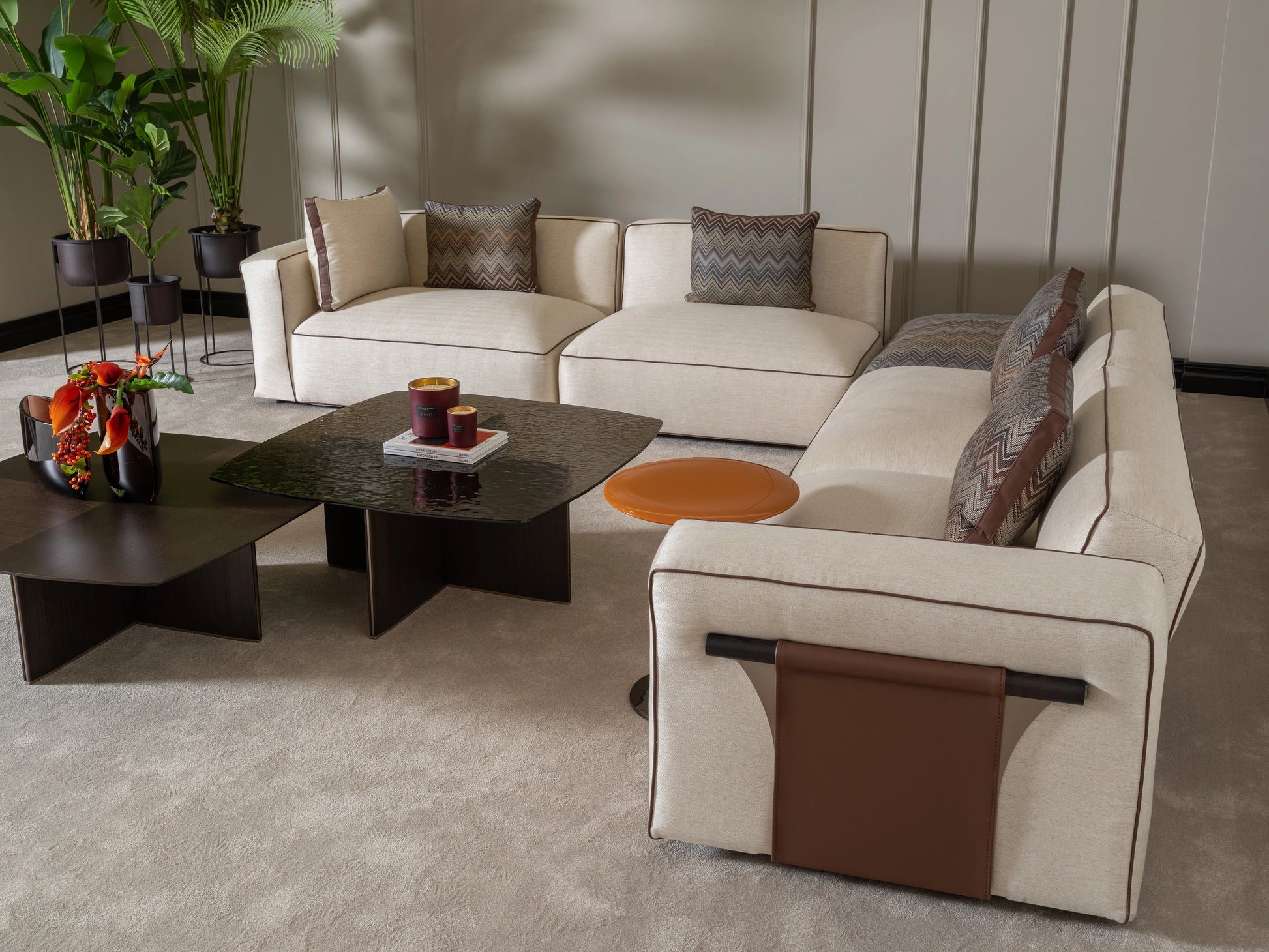 Moka sofa set in living room with cushions in customized colours