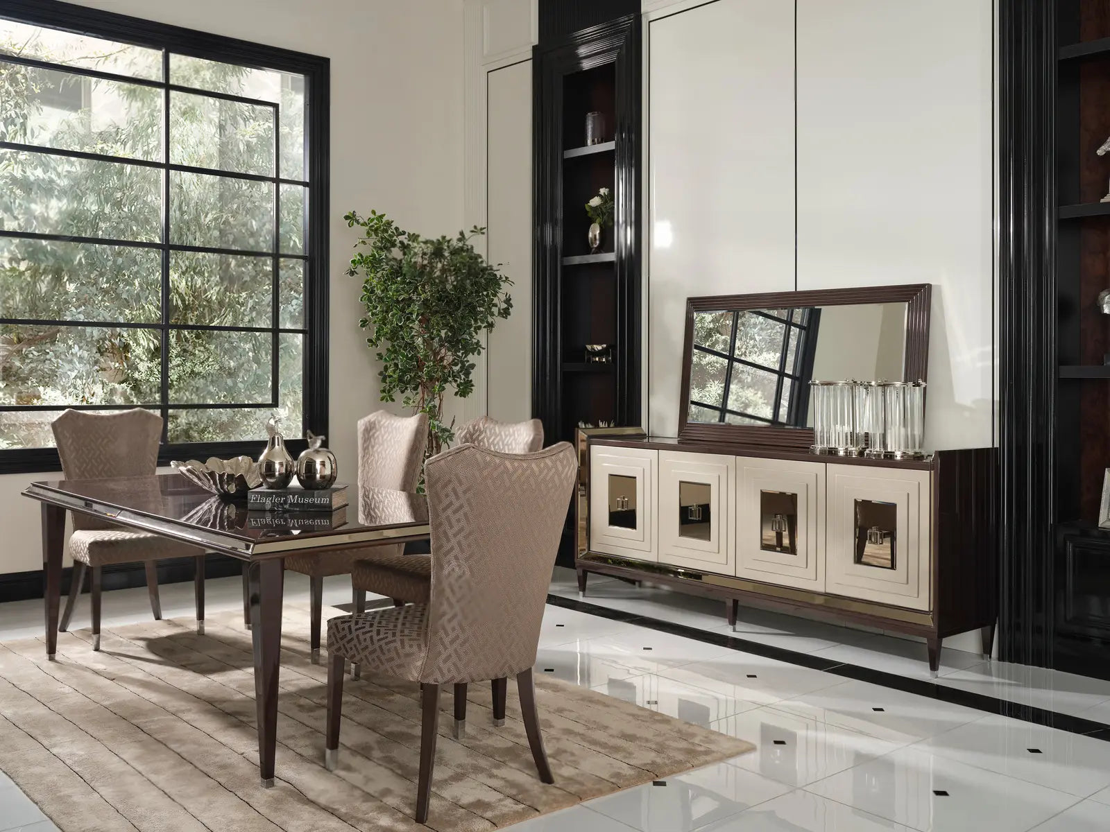 Varna Dining Set, side view of the dining table with 6 chairs and sideboard with mirror. Luxe Life Furniture.