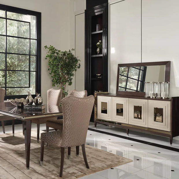 Varna Dining Set, side view of the dining table with 6 chairs and sideboard with mirror. Luxe Life Furniture.