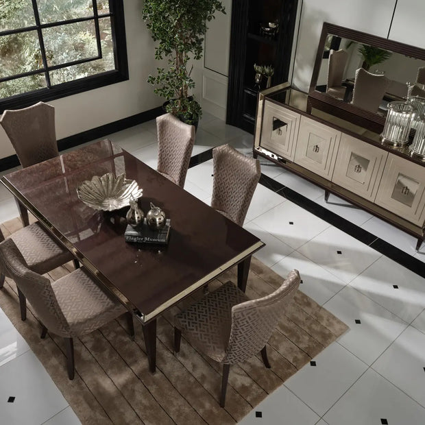 Varna Dining Set, featuring a wooden dining table with 6 chairs and a sideboard with mirror. Luxe Life Furniture.