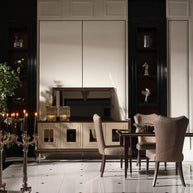 Varna Sideboard with dining table and 3 chairs, front view. Luxe Life Furniture.