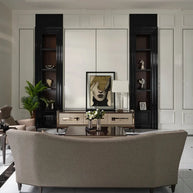 Back design of Varna 4 seater sofa with TV unit and partial armchair.