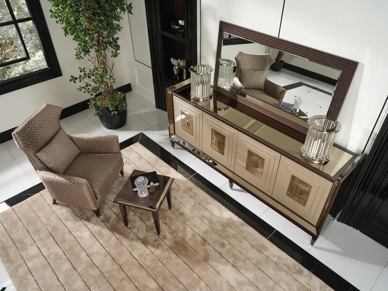 Top view of Varna armchair, side table, and sideboard.