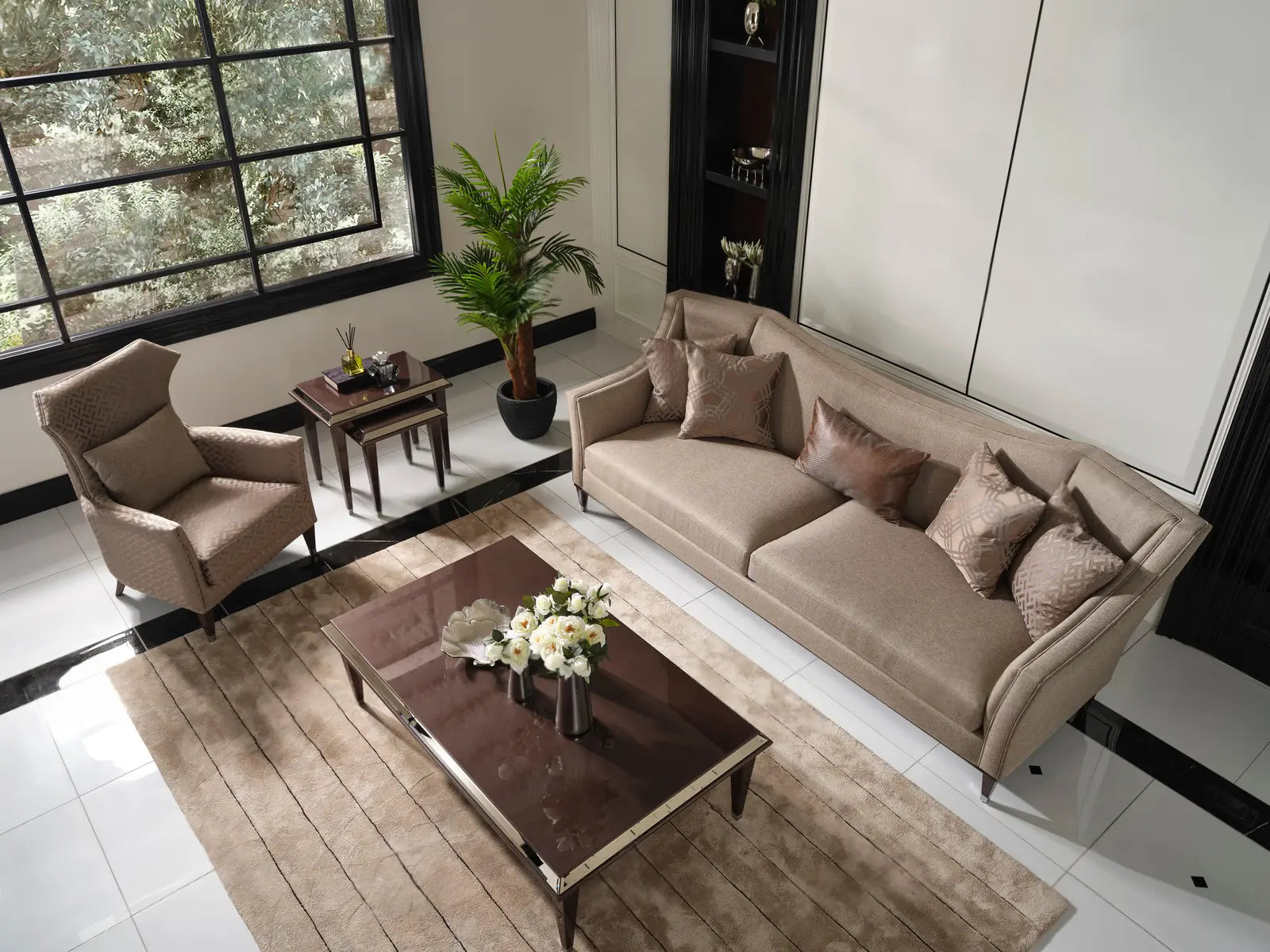 Top view of Varna Sofa Set with coffee table, armchair, and nesting tables.