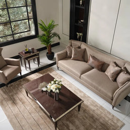 Top view of Varna Sofa Set with coffee table, armchair, and nesting tables.