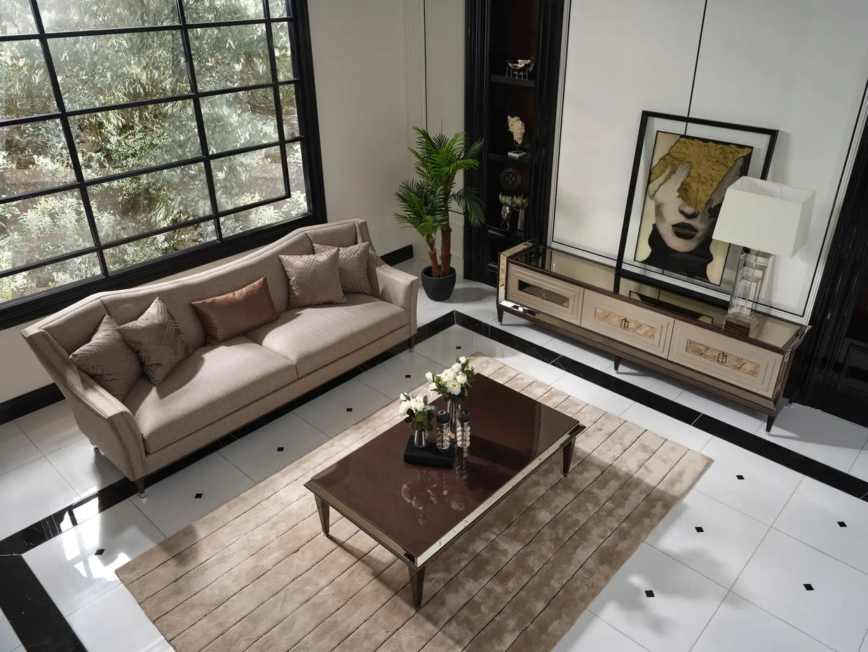 Top view of Varna 4 seater sofa with coffee table and TV unit.