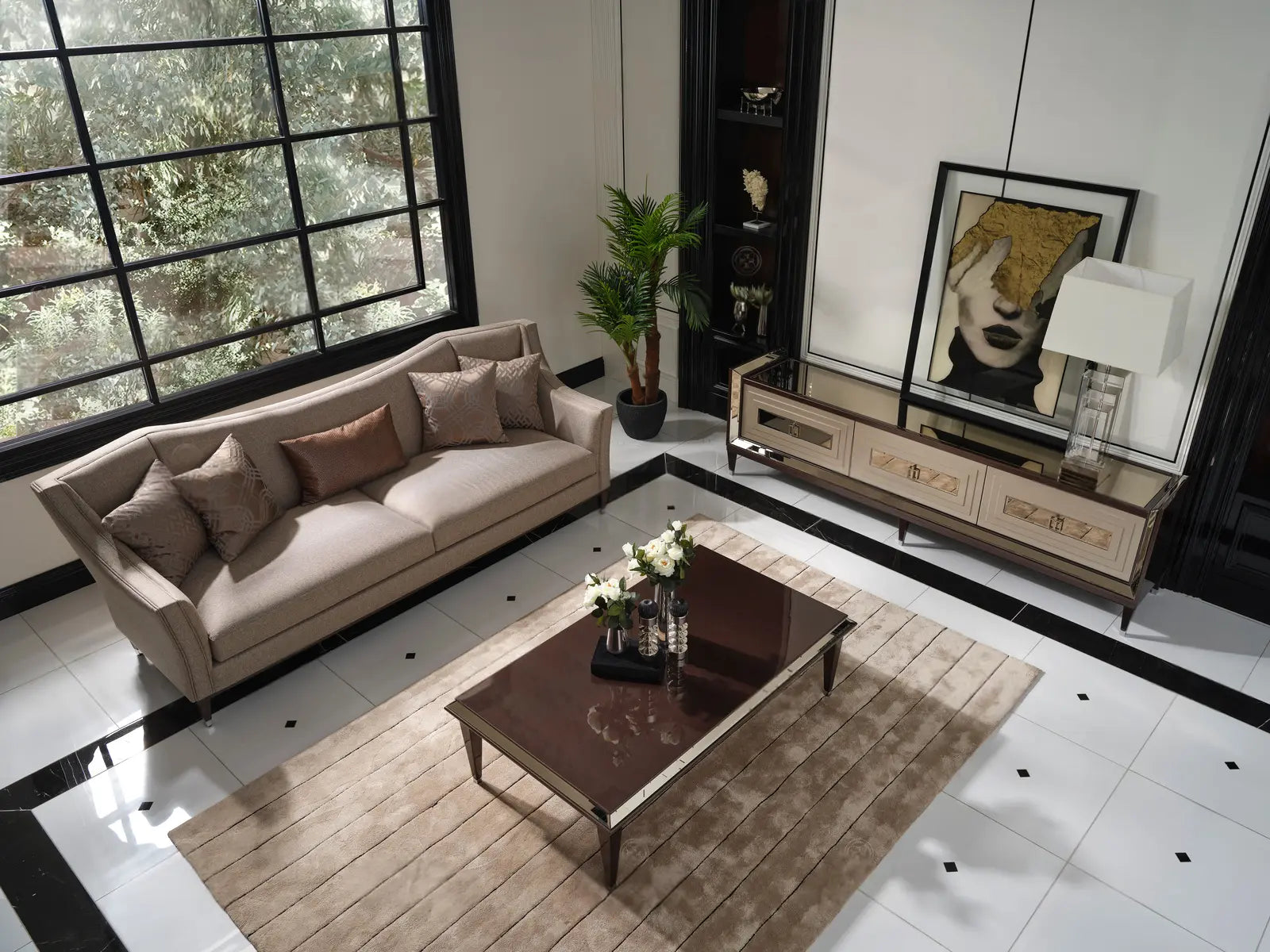 Top view of Varna 4 seater sofa with coffee table and TV unit.