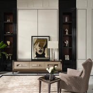 Varna TV Unit with side table and armchair in side view. Luxe Life Furniture.