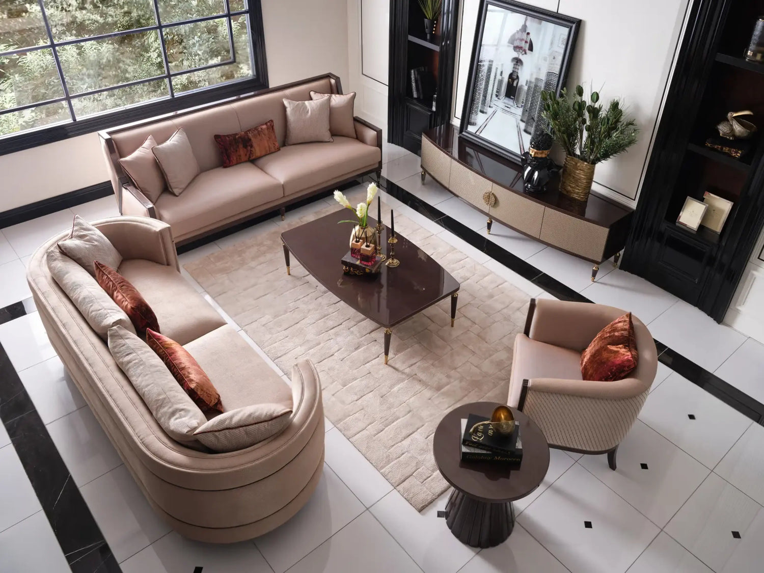 Venedik Sofa Set living room view featuring a four-seater oval sofa, four-seater wooden sofa, coffee table, TV unit, and armchair. Luxe Life Furniture.