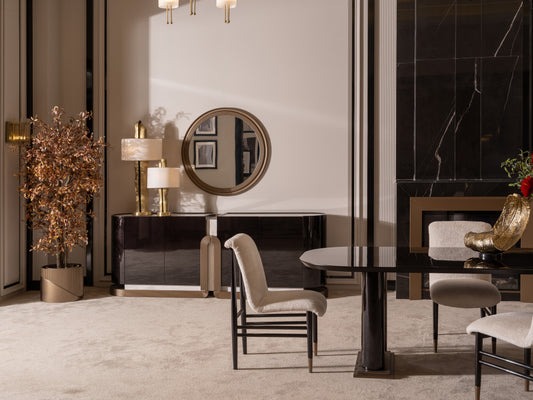 Luxury Zenith dining set with modern glossy table and sculptural chairs