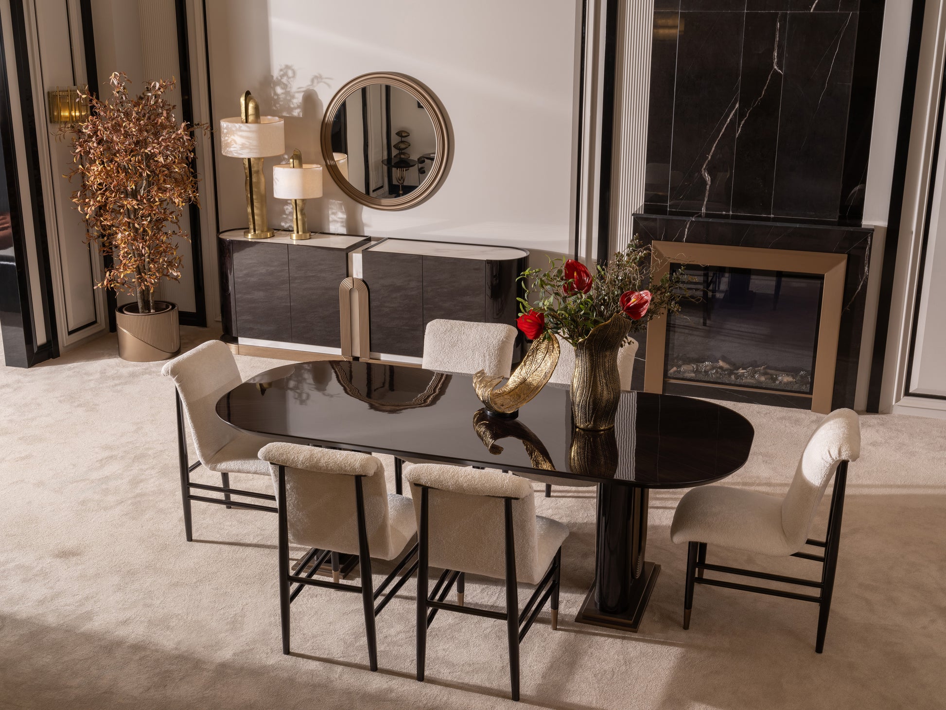 Luxury Zenith dining set with modern glossy table and sculptural chairs
