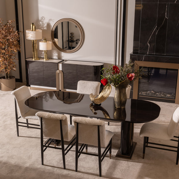 Luxury Zenith dining set with modern glossy table and sculptural chairs